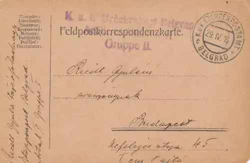 Feldpostkarte 1916, KuK Etappenpostamt Belgrad, Brückenkopf nach Budapest