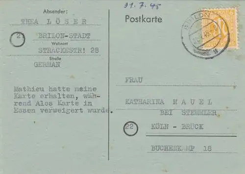 BiZone: Postkarte 1945 von Brilon-Stadt nach Köln-Brück