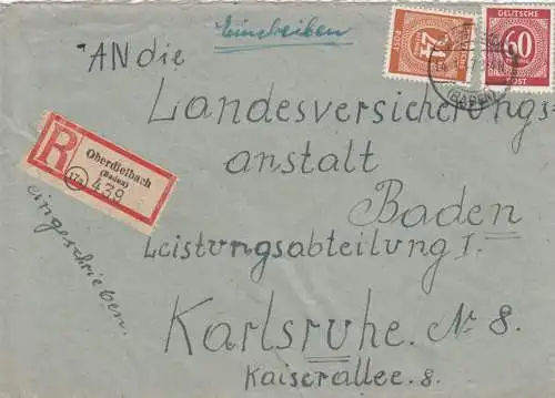 Einschreiben Oberdielbach/Baden 1947 nach Karlsruhe