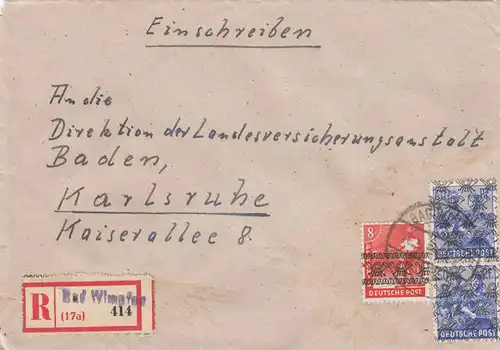 Einschreiben Bad Wimpfen 1948 nach Karlsruhe