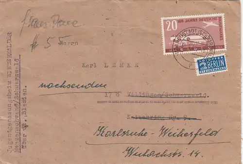 Lettre 1949 de Menzenschwand/Noirwald vers Karlsruhe