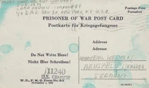 1944: PoW - Post card New York to Arnsfeld, centre
