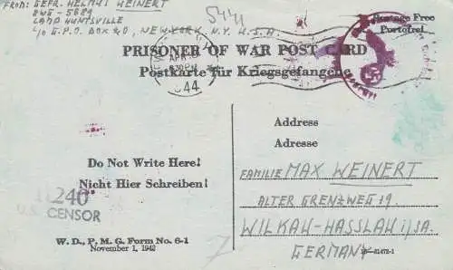 PoW - Post card New York to Wilkau-Hasslau, OKW censor, US-censor 1944, 