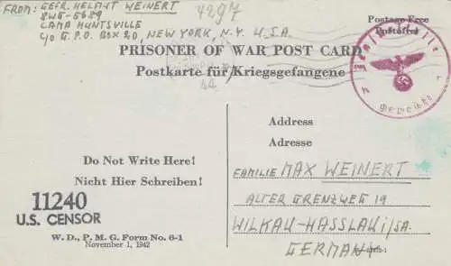 PoW - Post card New York to Wilkau-Hasslau, 2x censor