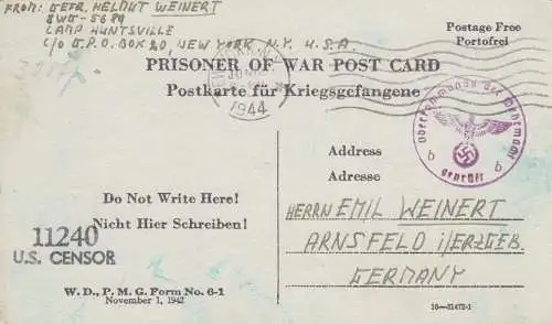 PoW - Post card New York to Wilkau-Hasslau, 2x censor