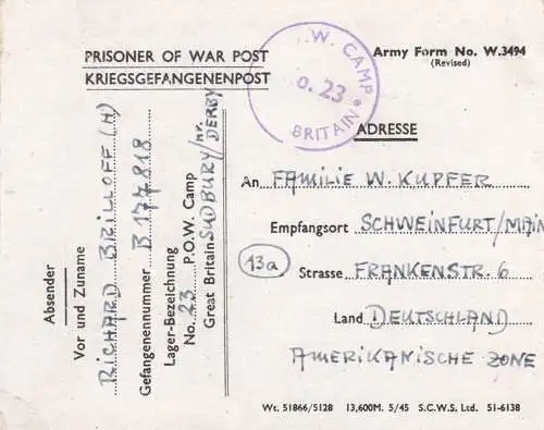 1947 PoW - Kgf Post, GB Sudbury/Derby to Schweinfurt