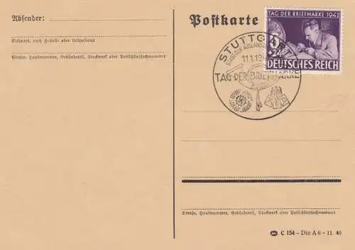 Blanko Sonderstempelbeleg 1942: Stuttgart: Tag d. Briefmarke, Stadt. d. Ausland.