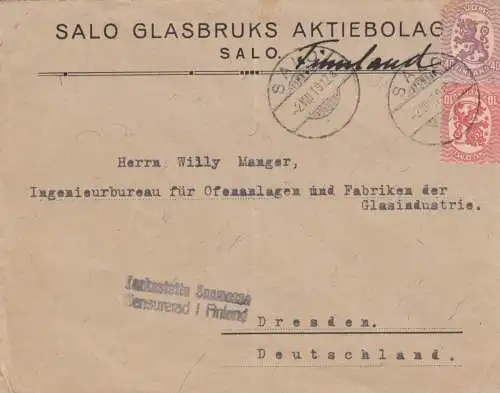 letter 1919 Salo to Dresden, censor Finland