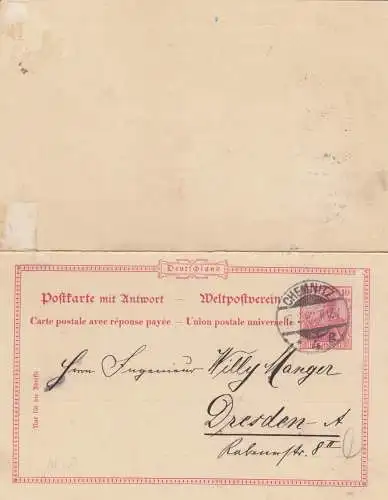 Ganzsache Chemnitz 1902 nach Dresden mit unbenutzter Antwortkarte