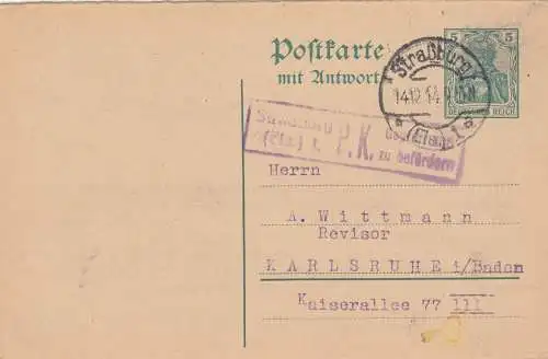 3x Ganzsache Strassburg/Elsass, 1914, 1941