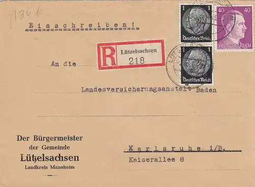 Einschreiben Lützelsachsen nach Karlsruhe 1943
