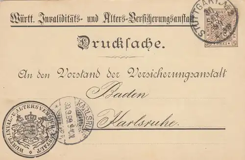 Ganzsache Drucksache Stuttgart / Tuttlingen 1899 nach Karlsruhe