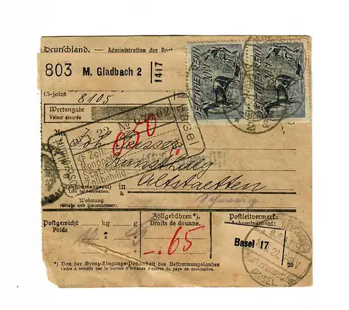 Paketkarte 1922 von M. Gladbach nach Altstätten, St. Gallen