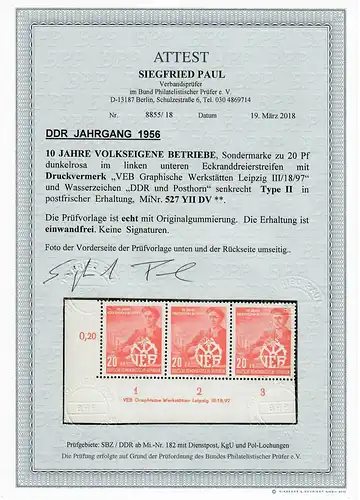 DDR MiN° 527 YII DV, frais, **, Eckrand E3, Type II avec BPP Attest