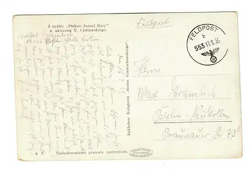 frühe Feldpost, Ansichtskarte Tschenstochau, 17.9.39 mit FPNr. 19126