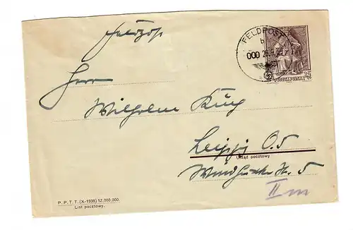 frühe Feldpost, 26.09.39 mit FPNr. 16337 auf poln. Beute-Ganzsache nach Leipzig