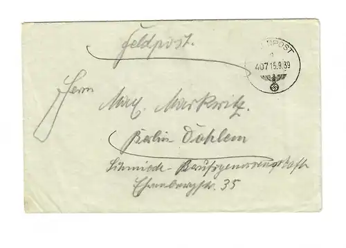 frühe Feldpost, 15.09.39 mit FPNr. 27185, Raum Siemiawa/Radomysl nach Berlin