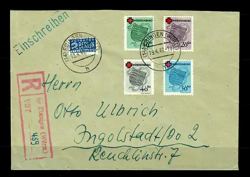 Württemberg: Einschreiben Ebingen 1949, MiNr. 40-43A nach Ingolstadt