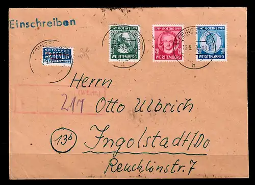 Wurtemberg: lettre recommandée Ebingen 1949, Min. 44-46 vers Ingolstadt