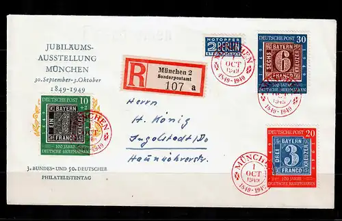 Bund: Einschreiben Satzbrief MiNr. 113-115, roter Stempel München 1949