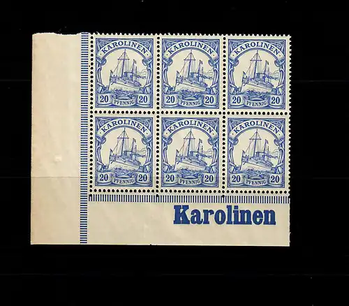 Karolinen: MiNr. 10, vom Eckrand, 6er Block mit Inschrift, postfrisch, **