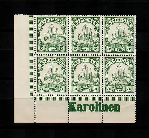 Karolinen: MiNr. 8, vom Eckrand, 6er Block mit Inschrift, postfrisch, **