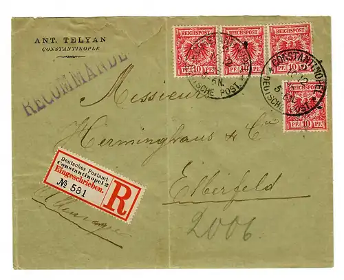 1889/94: 10 Pfg Couronne/Aigle 4x comme coureur, lettre R Constantinople-Elberfeld