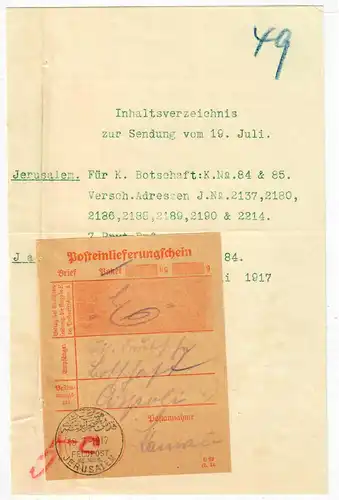 1917 Jerusalem Feldpost MIL MISS auf Einlieferungsscheinf für R-Brief, Botschaft