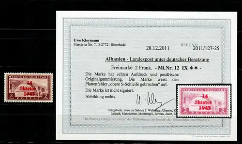 Albanien MiNr. 12 IX, Plattenfehler, **, postfrisch,  BPP Befund