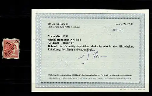 Berlin MiNr. 179 I, postfrisch, **, Aufdruck 3 Berlin 17, BPP Befund