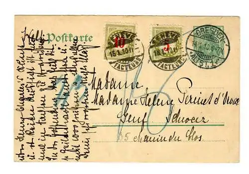 Ganzsache aus Dresden 1910 nach Genf mit Taxe
