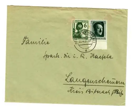 Lettre 1937 Heidenheim/Brenz vers Langenschemern