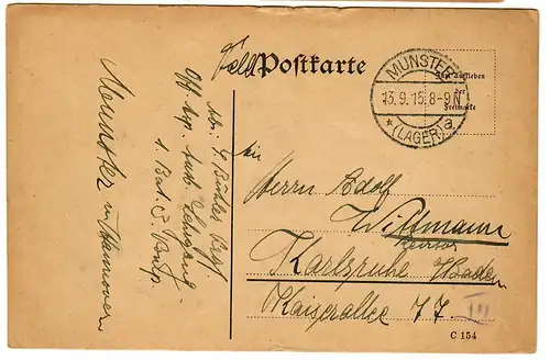 1915 Carte postale de Münster/Gand vers Karlsruhe