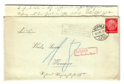 Brief aus Breslau mit Agenturstempel Paschterwitz 1936 nach Hannover, Nachgebühr