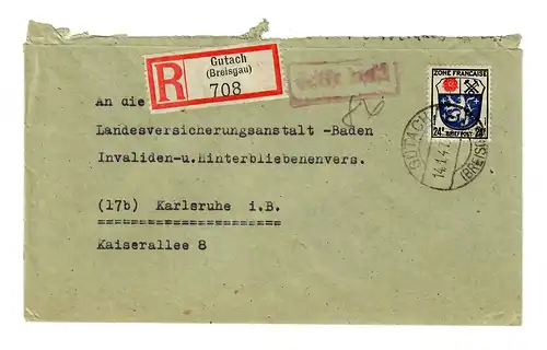 Lettre recommandé Gutach/Breisgau 1947 à Karlsruhe, frais payés