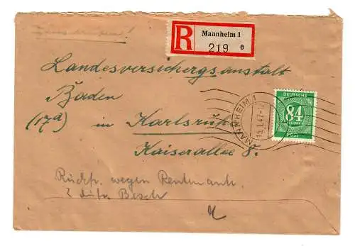 Einschreiben Mannheim 1947 mit Maschinenhalbstempel - Karlsruhe