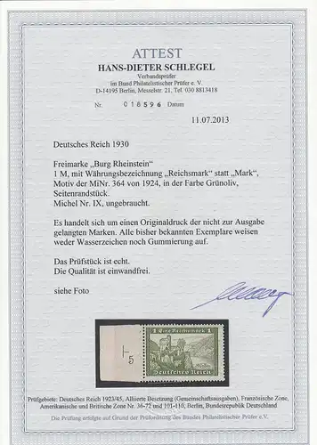 Deutsches Reich MiNr. IX, ungebraucht vom Seitenrand mit Passerkreuz, BPP Attest