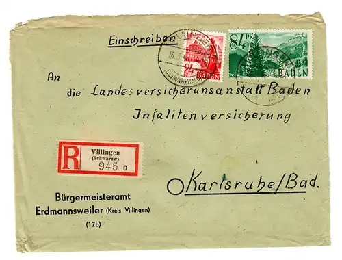 Lettre recommandé de Villingen/Nwarzwald, Erdmannsweiler, 1948 à Karlsruhe