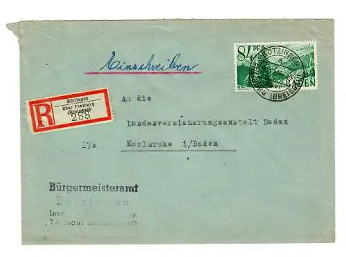 Lettre recommandé de Betzingen/Fribourg 1947 vers Karlsruhe