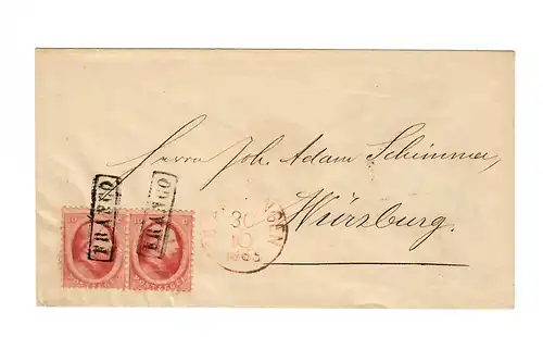 Vlaardingen, pair, 1865 to Würzburg, cat #5, railway cancel