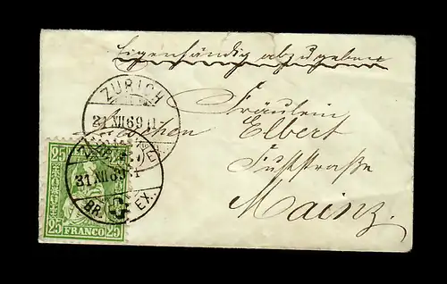 Zurich 1869 vers Mayence/Allemagne via Francfort, Bahnpost