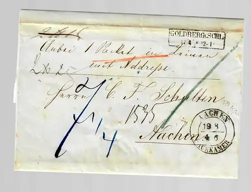 Paketbegleitbrief Goldberg/Schlesien nach Aachen 1854