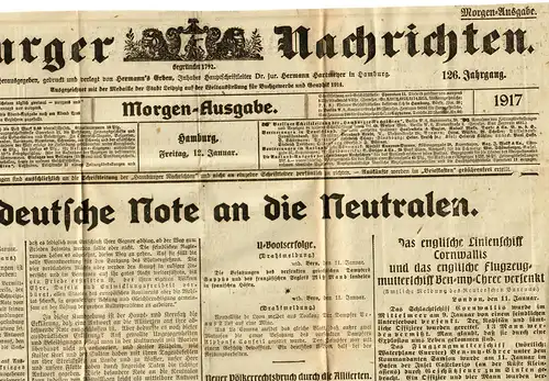 Nouvelles de Hambourg 12.1.1917, A3 taille, plié, beaucoup d'informations