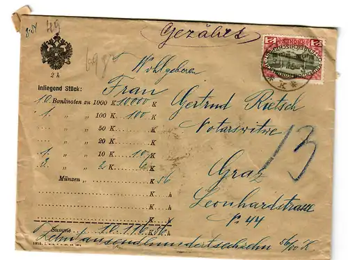Lettre d'argent Vienne 1915 vers Graz