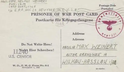 1944: PoW - Post card New York to Wilkau-Hasslau, US-censor, OKW censor