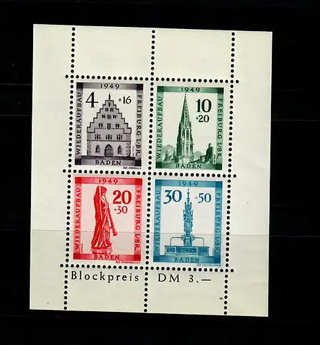 Baden 1949: Min. Block, 1 A IV, post-freeich, **