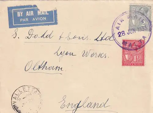 air mail Malta 1933 / Valletta to Oltham /Angleterre