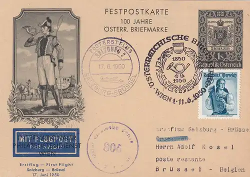 Ganzsache Flugpost Festpostkarte 1950 Wien nach Brüssel, Zensur