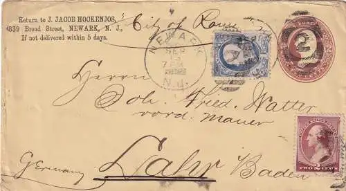 cover Newark N.J., 1887 to Lahr in Germany