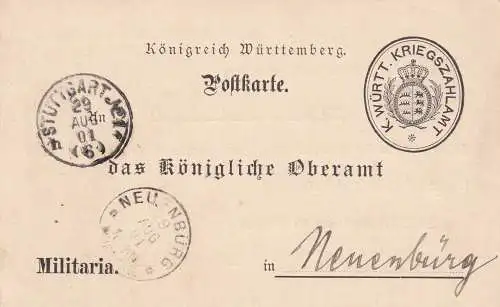 Postkarte 1901  Stuttgart Haftvollzugskosten nach Neuenburg, Militaria